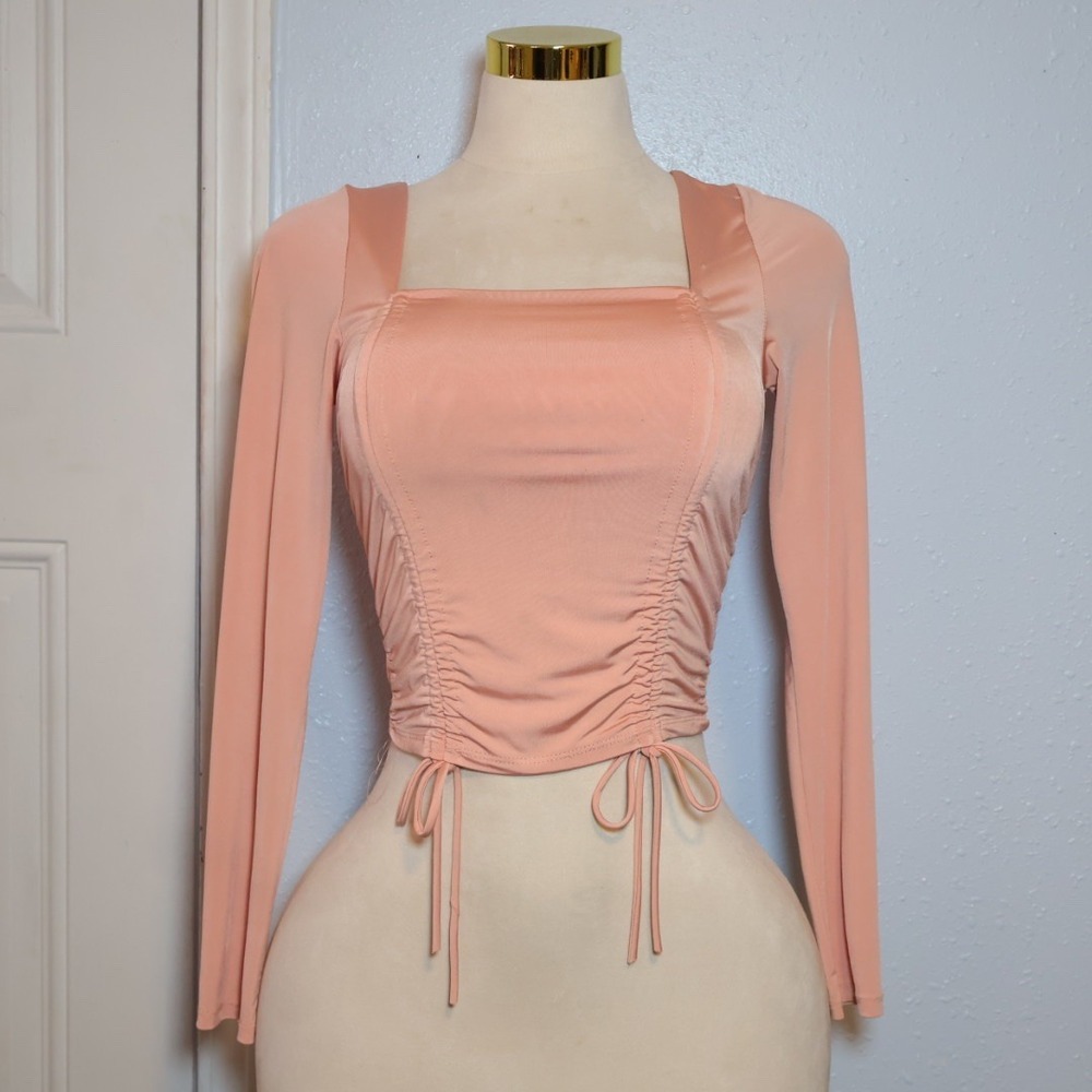 Fashion Nova Women Peach Coral Ruched Drawstring Square Neck Long Sleeve - Picture 1 of 4